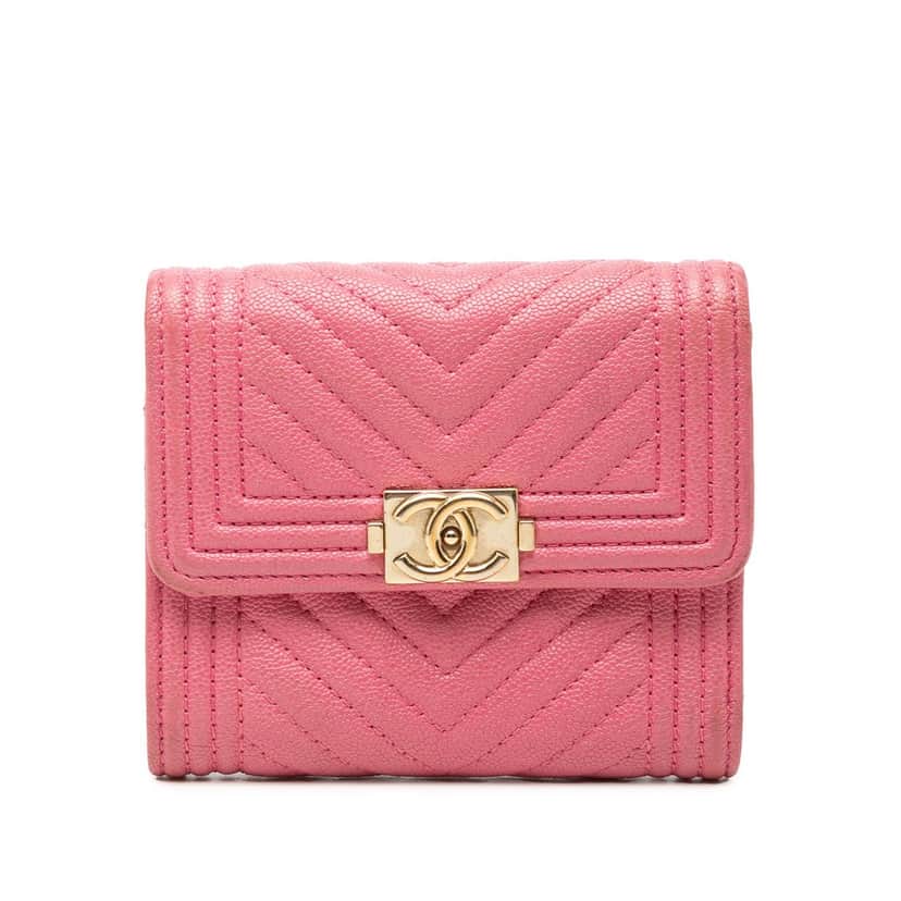 Chanel Chevron Caviar Boy Trifold Small Wallet Pink Leather Very good condition - Front View