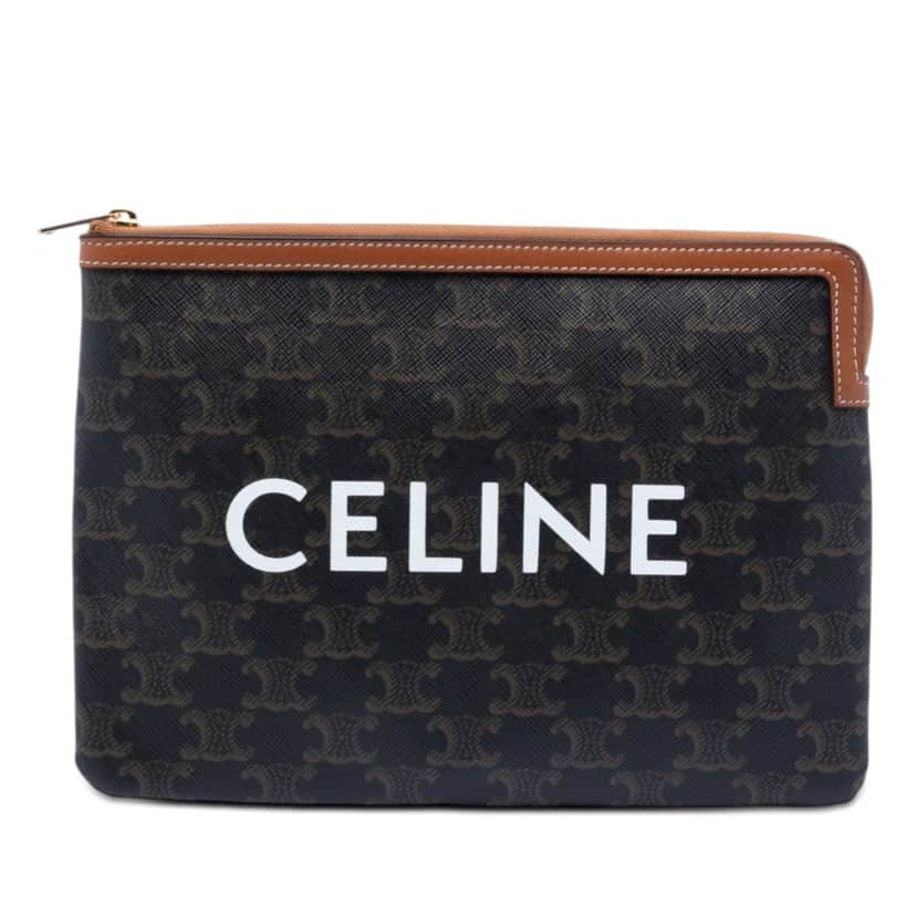 Celine Small Triomphe Coated Canvas Clutch Brown Very good condition - Front View