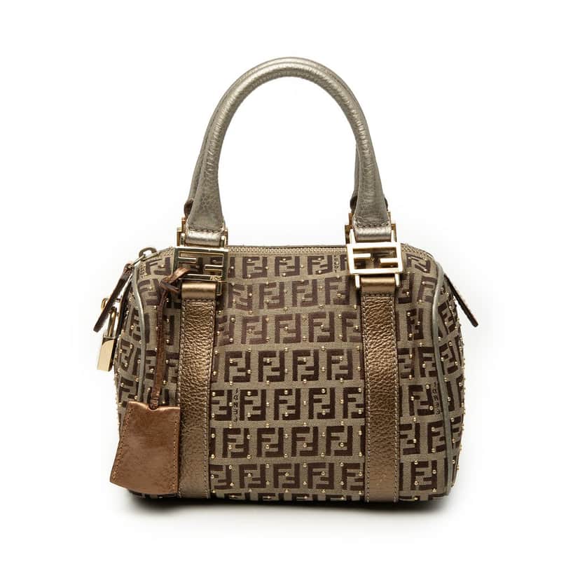 Fendi Mini Zucchino Canvas Forever Studded Bauletto Boston Bag Beige Very good condition - Front View
