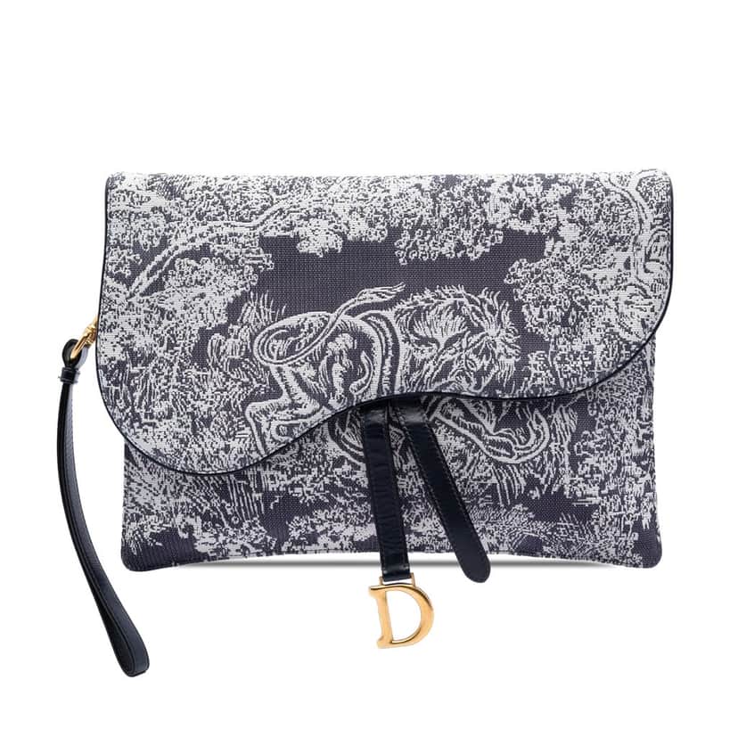 Dior Canvas Embroidered Reverse Toile De Jouy Saddle Pouch Blue Very good condition - Front View
