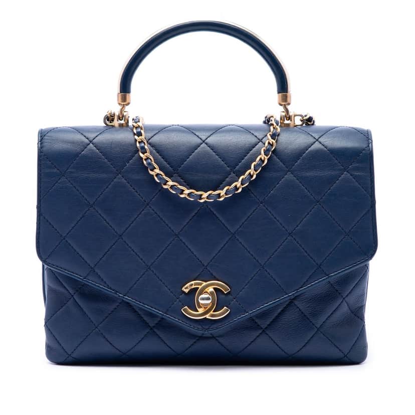 Chanel CC Quilted Calfskin Metal Top Handle Envelope Flap Blue Leather Very good condition - Front View
