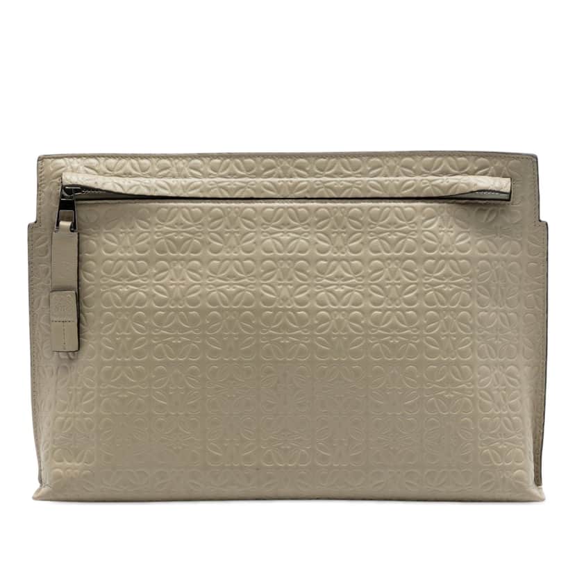 Loewe Embossed Anagram Leather Repeat T Clutch Beige Leather Very good condition - Front View