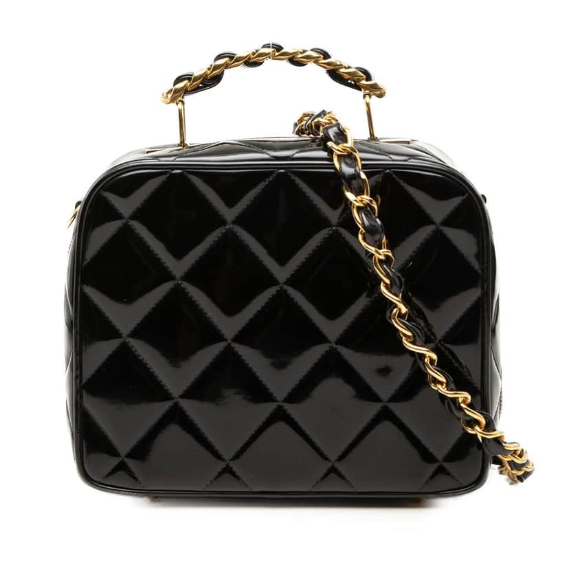 Chanel Quilted Patent Vanity Case Black Leather Very good condition - Front View