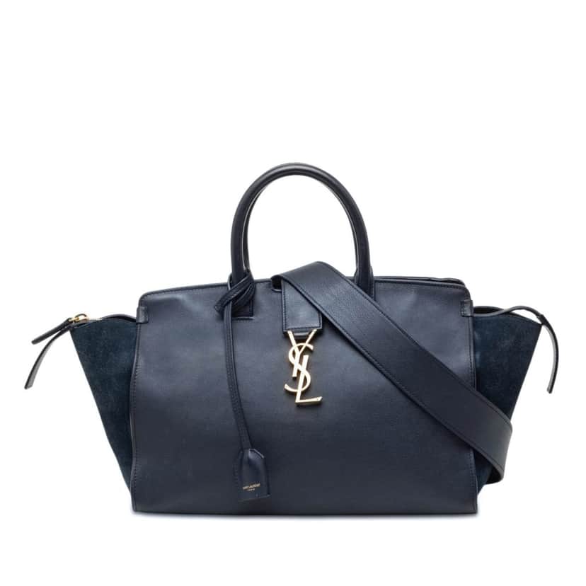 Saint Laurent Small Suede Trimmed Calfskin Downtown Cabas Satchel Blue Leather Very good condition - Front View