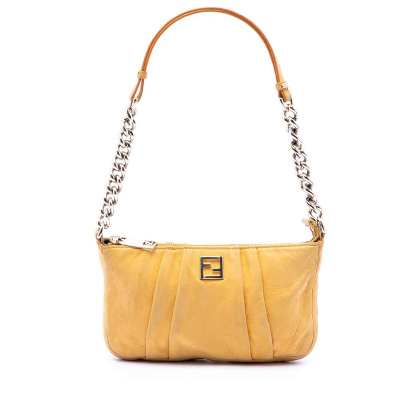 Fendi Pleated Nubuck FF Chain Pochette Yellow Leather Very good condition - Front View