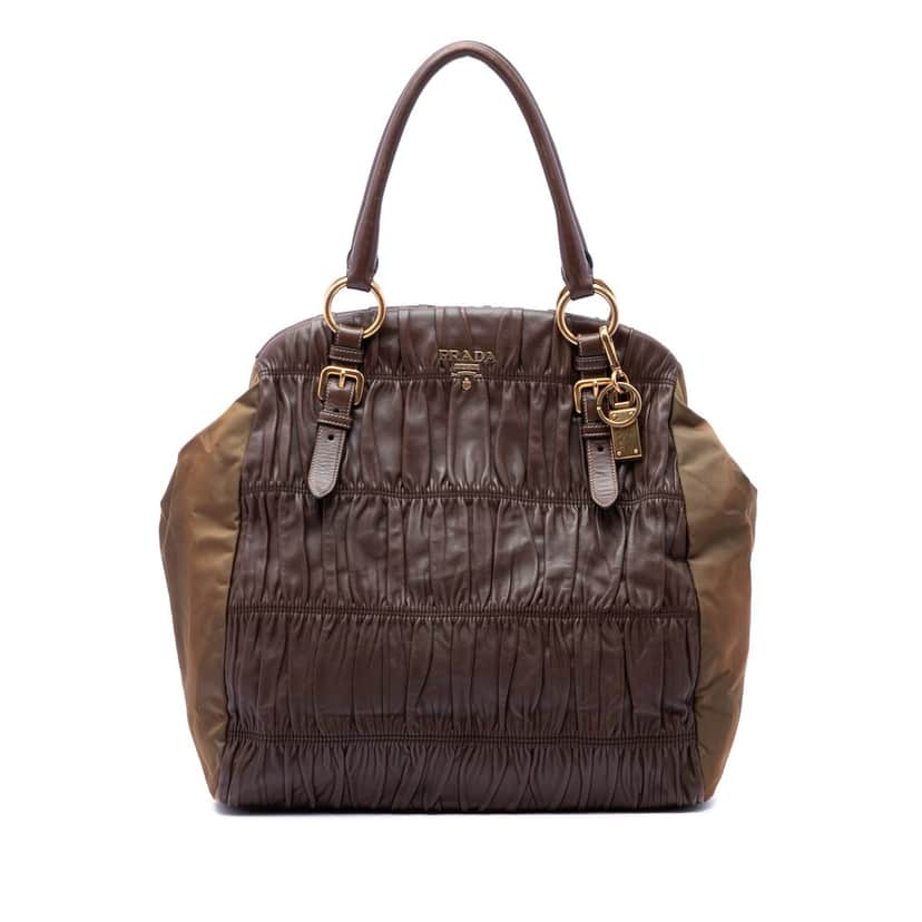 Prada Nappa Gaufre and Tessuto Tote Brown Leather Very good condition - Front View