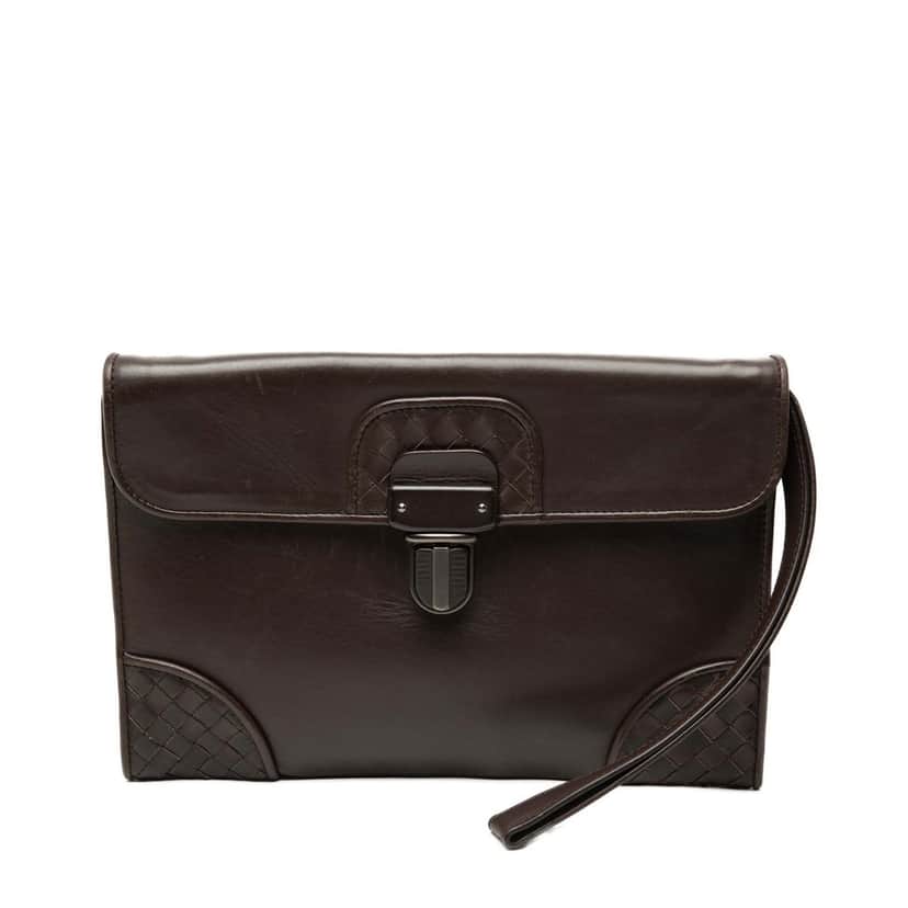 Bottega Veneta Intrecciato Trimmed Leather Clutch Brown Leather Very good condition - Front View