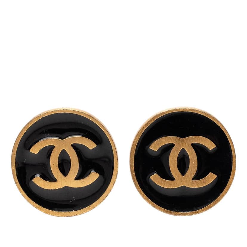 Chanel CC Gold Plated and Enamel Button Clip On Earrings Black Very good condition - Front View