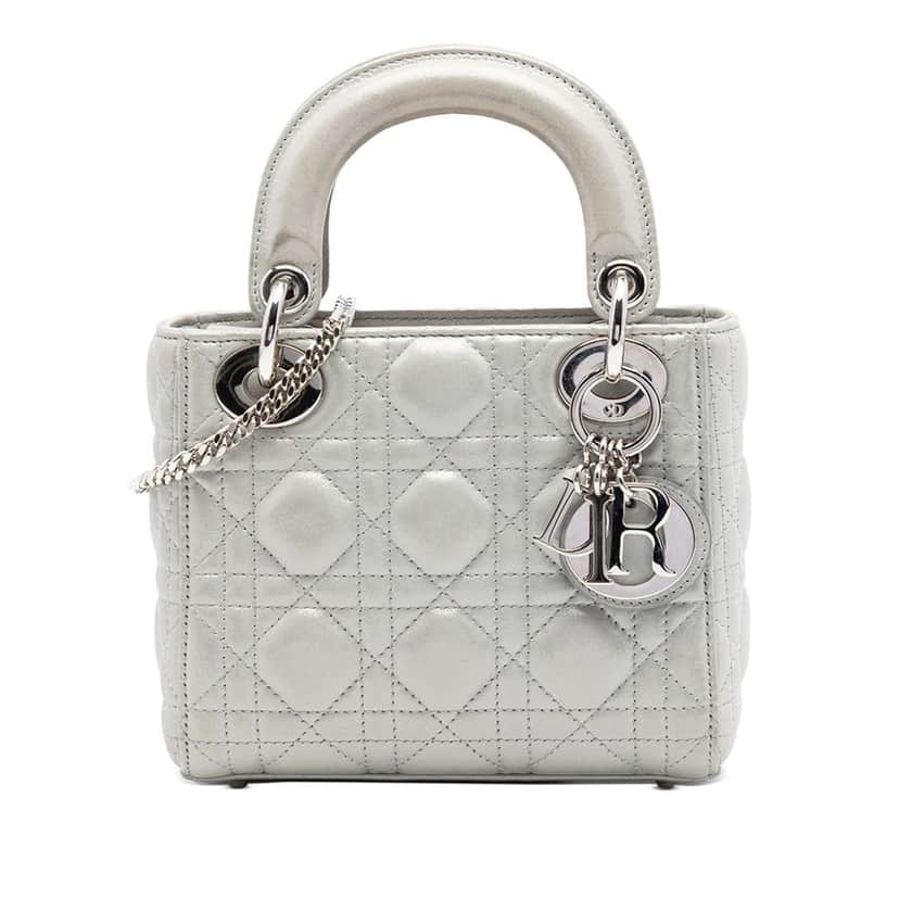 Dior Mini Iridescent Lambskin Cannage Lady Dior Silver Leather Very good condition - Front View