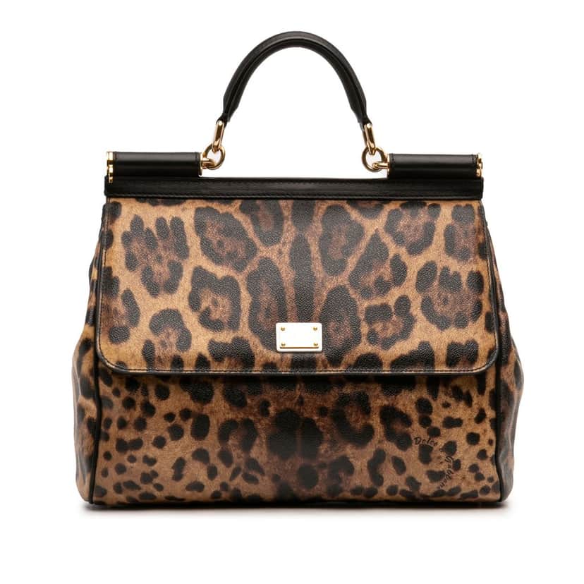Dolce & Gabbana Large Leopard Print Calfskin Miss Sicily Satchel Brown Leather Very good condition - Front View