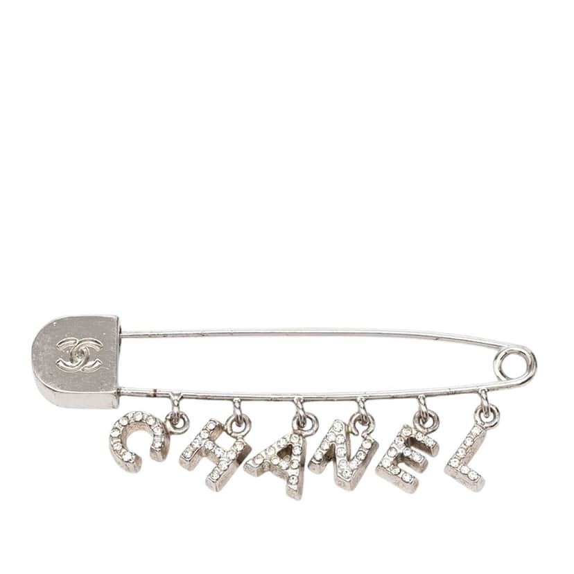 Chanel Brass and Strass Logo Letter Safety Pin Brooch Silver Metal Very good condition - Front View