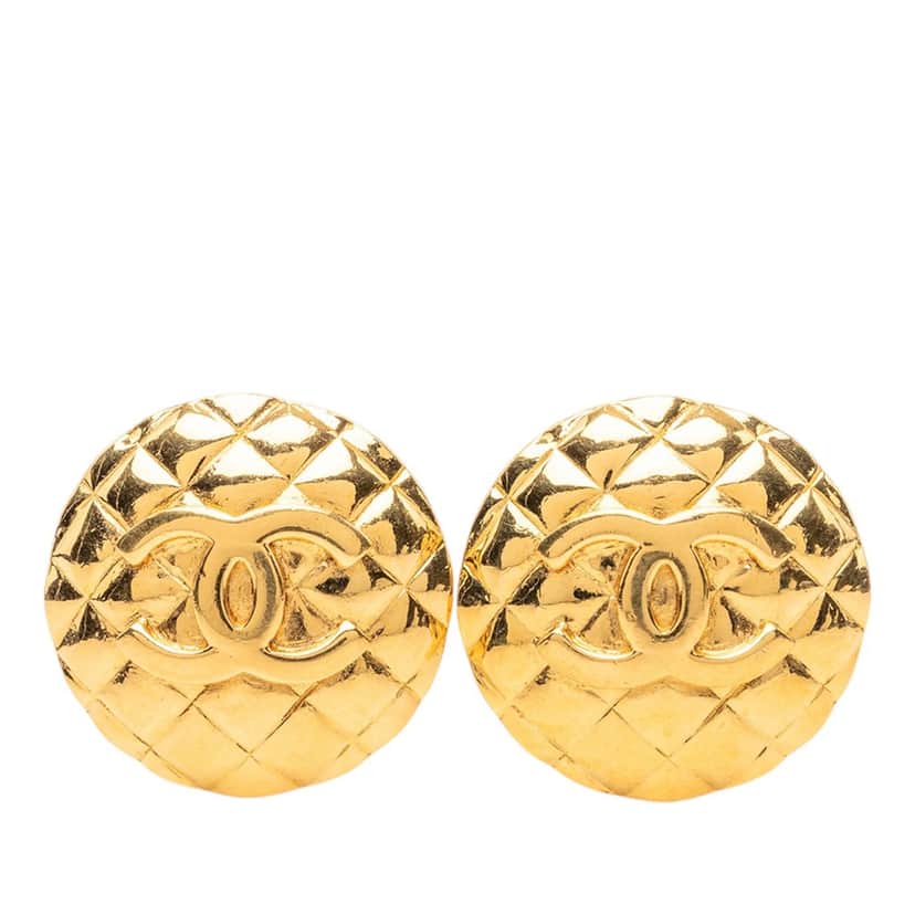 Chanel CC Quilted Gold Plated Round Clip On Earrings Gold Metal Very good condition - Front View