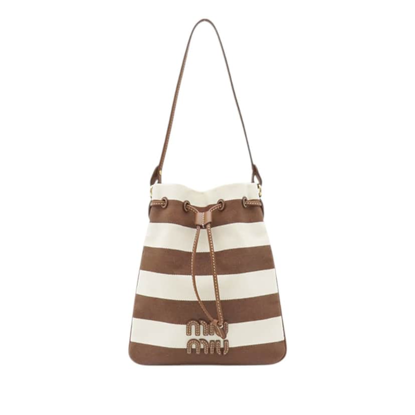Miu Miu Striped Canvas Logo Drawstring Handbag Brown Very good condition - Front View