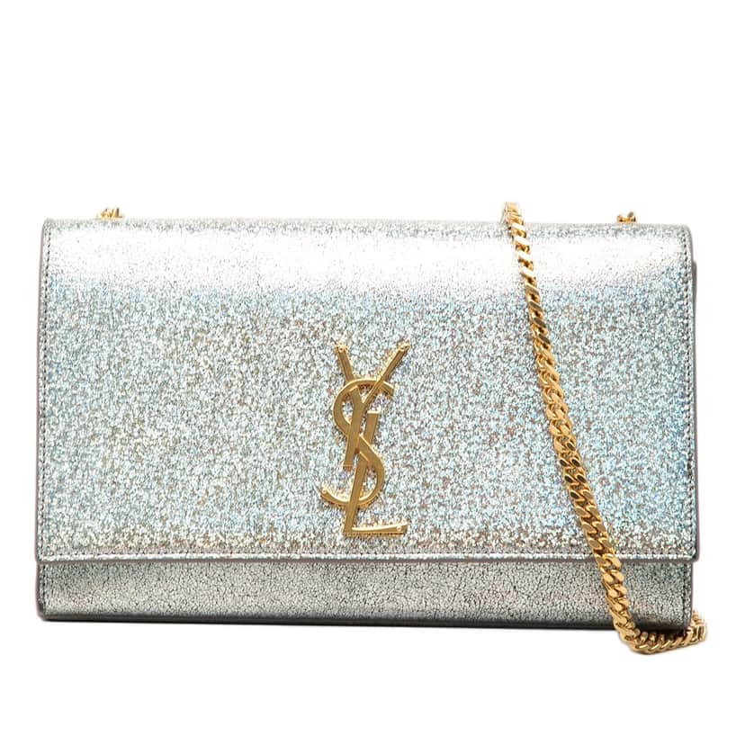 Saint Laurent Medium Metallic Calfskin Classic Monogram Kate Crossbody Silver Leather Very good condition - Front View