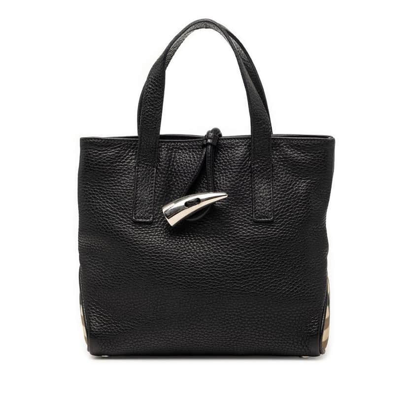 Burberry Small House Check Trimmed Grainy Calfskin Horn Toggle Tote Black Leather Very good condition - Front View