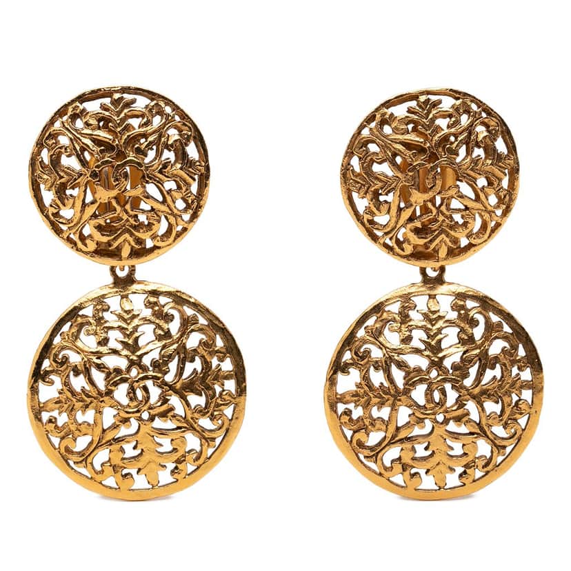 Chanel CC Gold Plated Filigree Double Orbs Dangle Clip On Earrings