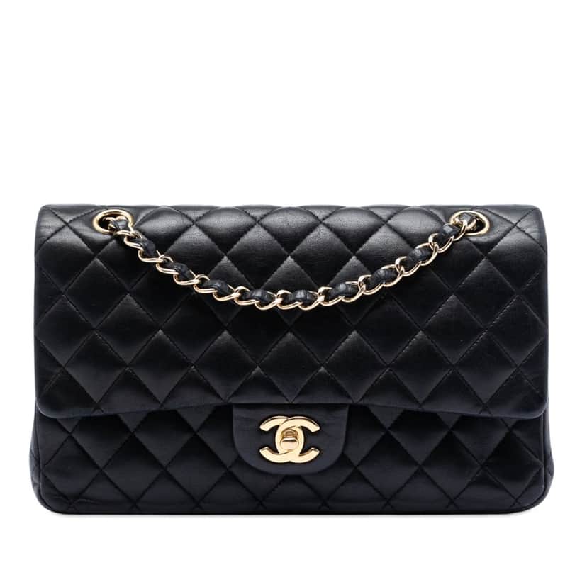 Chanel Medium Classic Lambskin Double Flap Black Leather Very good condition - Front View