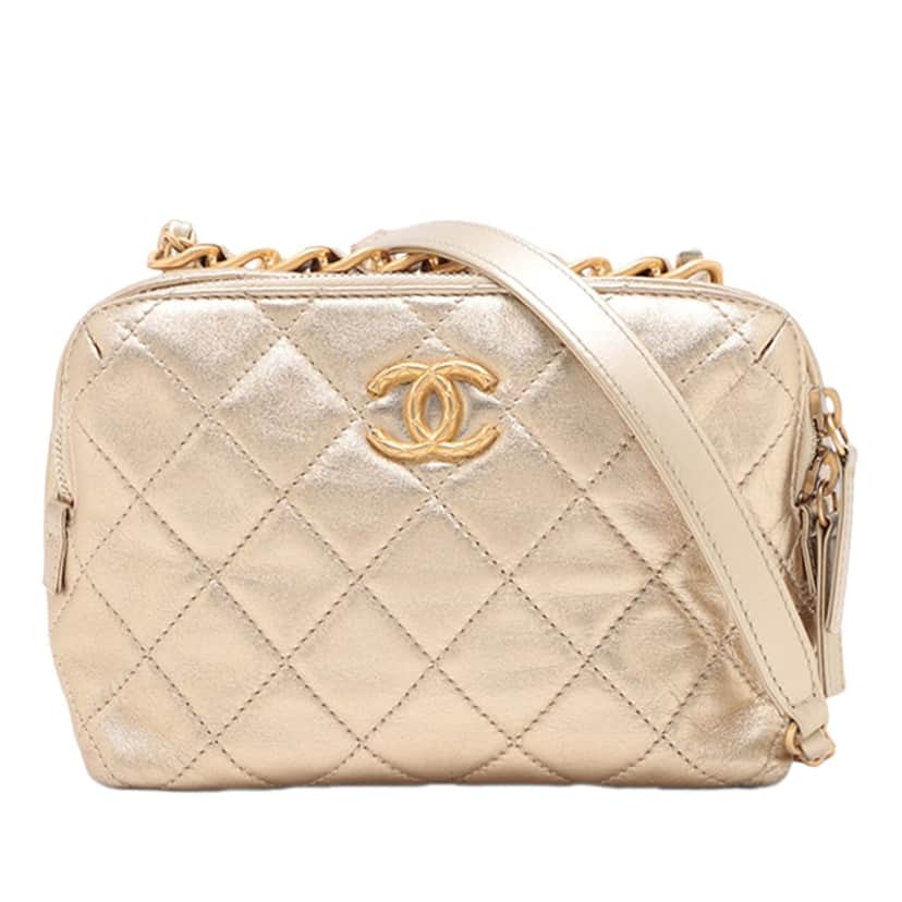 Chanel Mini CC Quilted Metallic Lambskin Bowling Bag Gold Leather Very good condition - Front View