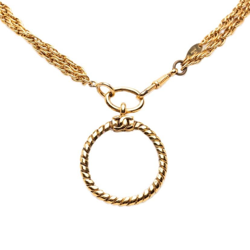 Chanel CC Gold Plated Double Chain Loupe Magnifying Glass Pendant Necklace Gold Metal Very good condition - Front View