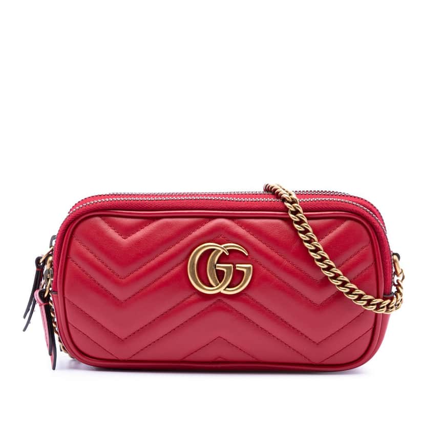 Gucci Mini Calfskin GG Marmont Triple Zip Crossbody Red Leather Very good condition - Front View