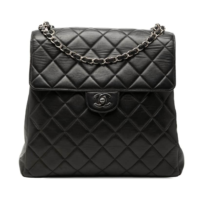 Chanel CC Quilted Lambskin Shoulder Bag Black Leather Good condition - Front View