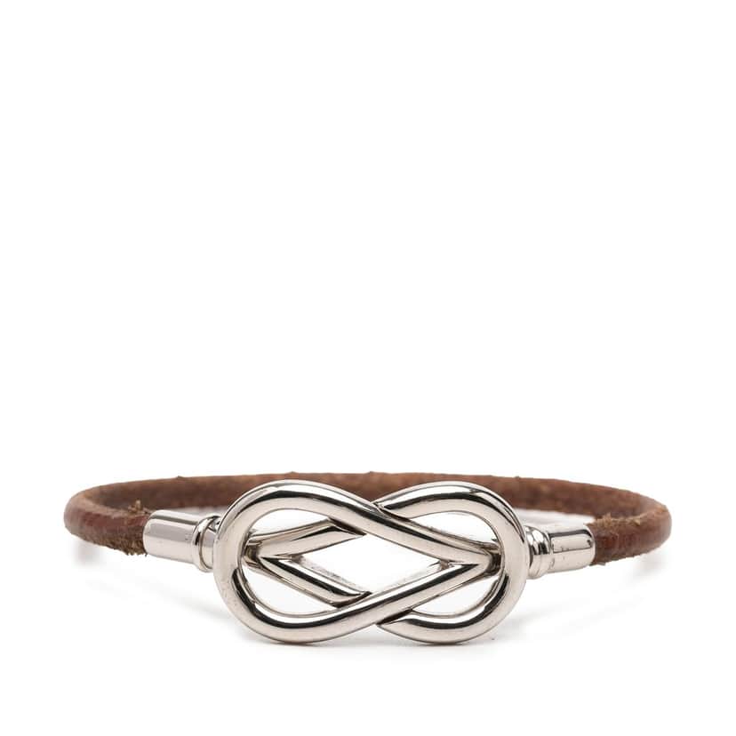 Hermès Palladium Plated and Leather Atame Knot Bracelet Brown Leather Very good condition - Front View