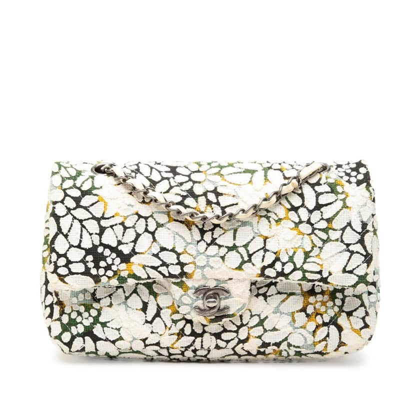 Chanel Medium Classic Chevron Tweed Floral Double Flap White Very good condition - Front View