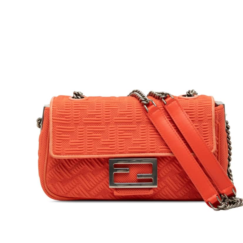 Fendi Zucca Embossed Technical Fabric Chain Midi Baguette Orange Very good condition - Front View