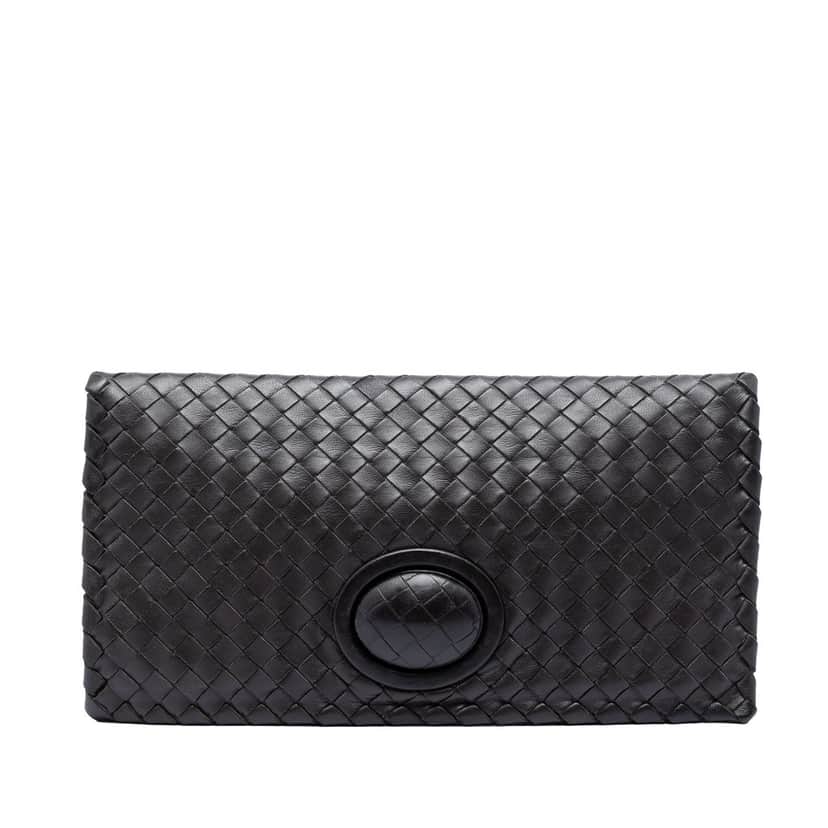 Bottega Veneta Nappa Intrecciato Turn Lock Clutch Black Leather Very good condition - Front View