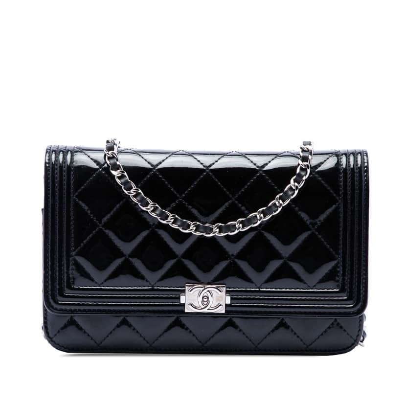 Chanel Quilted Patent Boy Wallet on Chain Black Leather Very good condition - Front View