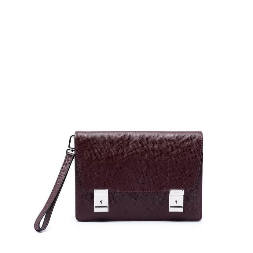 Prada Saffiano Double Lock Convertible Clutch Red Leather Very good condition - Front View