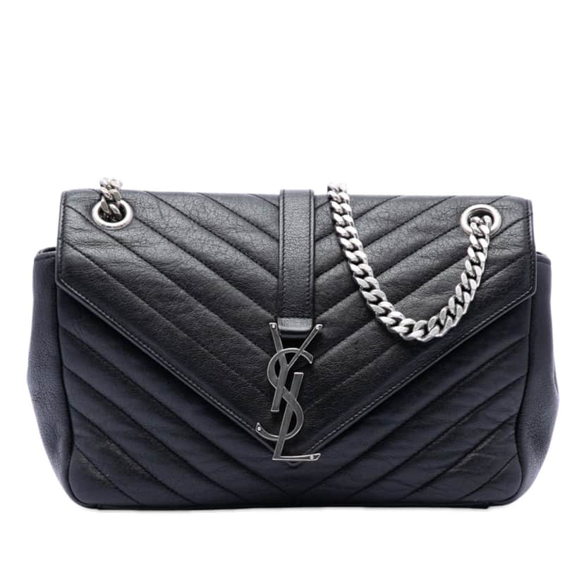 Saint Laurent Medium Chevron Sheepskin Monogram College Punk Shoulder Bag Black Leather Very good condition - Front View