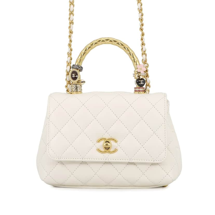 Chanel CC Quilted Lambskin Charms Coco Top Handle Bag White Leather Very good condition - Front View