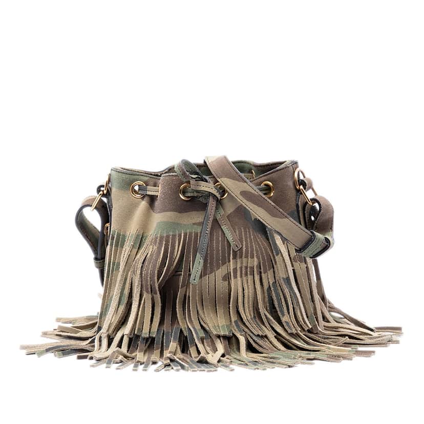 Saint Laurent Small Camouflage Print Suede Emmanuelle Fringe Bucket Bag Brown Leather Very good condition - Front View