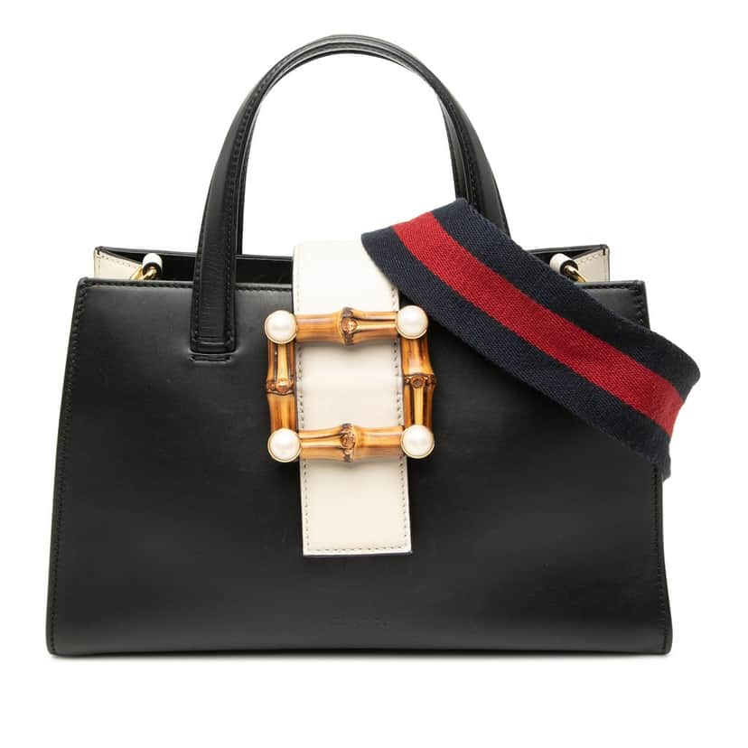 Gucci Small Bicolor Calfskin Bamboo Buckle Web Top Handle Bag Black Leather Very good condition - Front View