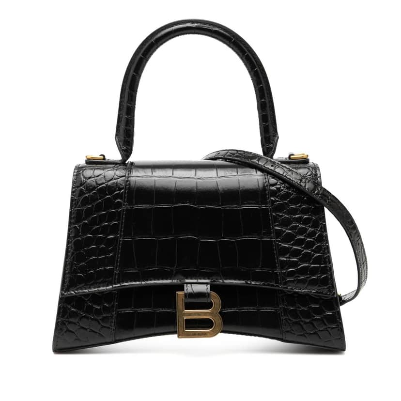 Balenciaga Small Croc Embossed Leather Hourglass Top Handle Bag Black Leather Very good condition - Front View