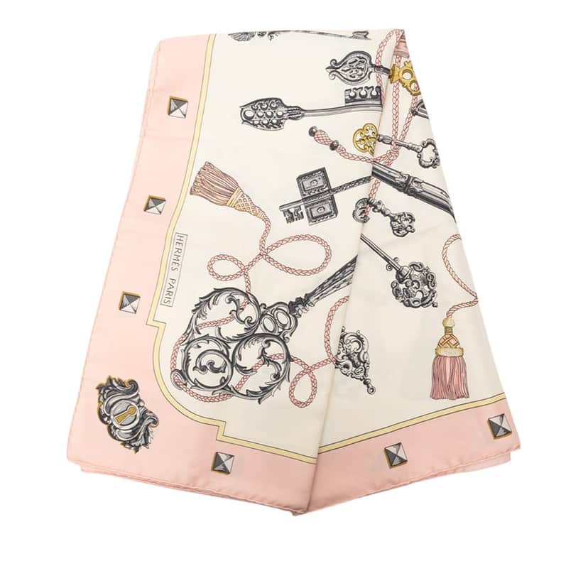 Hermès Les Cles Silk Scarf 90 Pink Very good condition - Front View
