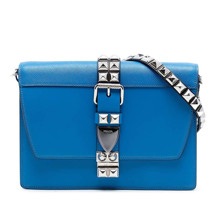 Prada City Calf and Saffiano Studded Elektra Crossbody Blue Leather Very good condition - Front View