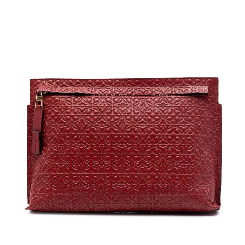 Loewe Embossed Anagram Leather Repeat T Clutch Red Leather Very good condition - Front View