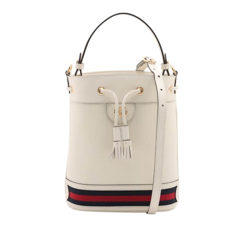 Gucci Small Calfskin Web Ophidia Bucket Bag White Leather Very good condition - Front View