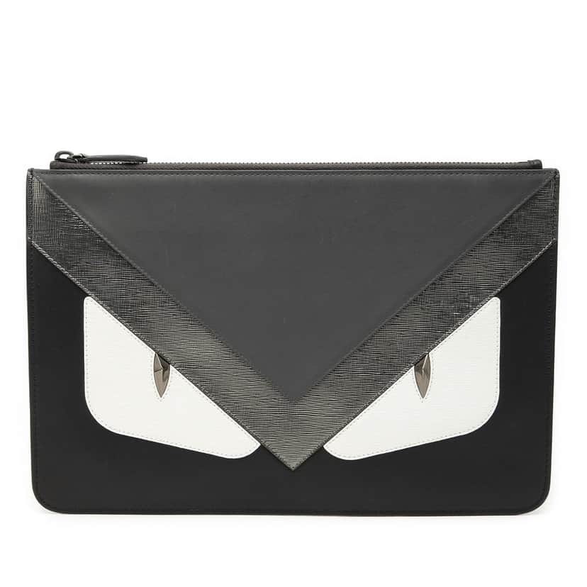 Fendi Leather Monster Eyes Zip Clutch Black Leather Very good condition - Front View