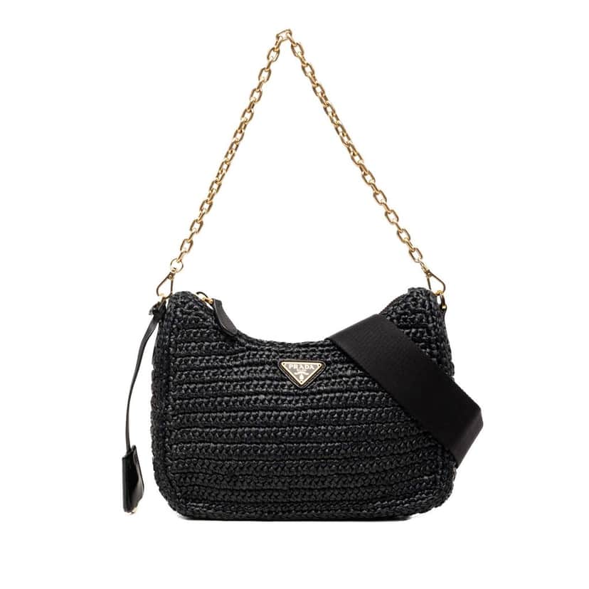 Prada Yarn Effect Raffia Crochet Re Edition 2005 Satchel Black Very good condition - Front View