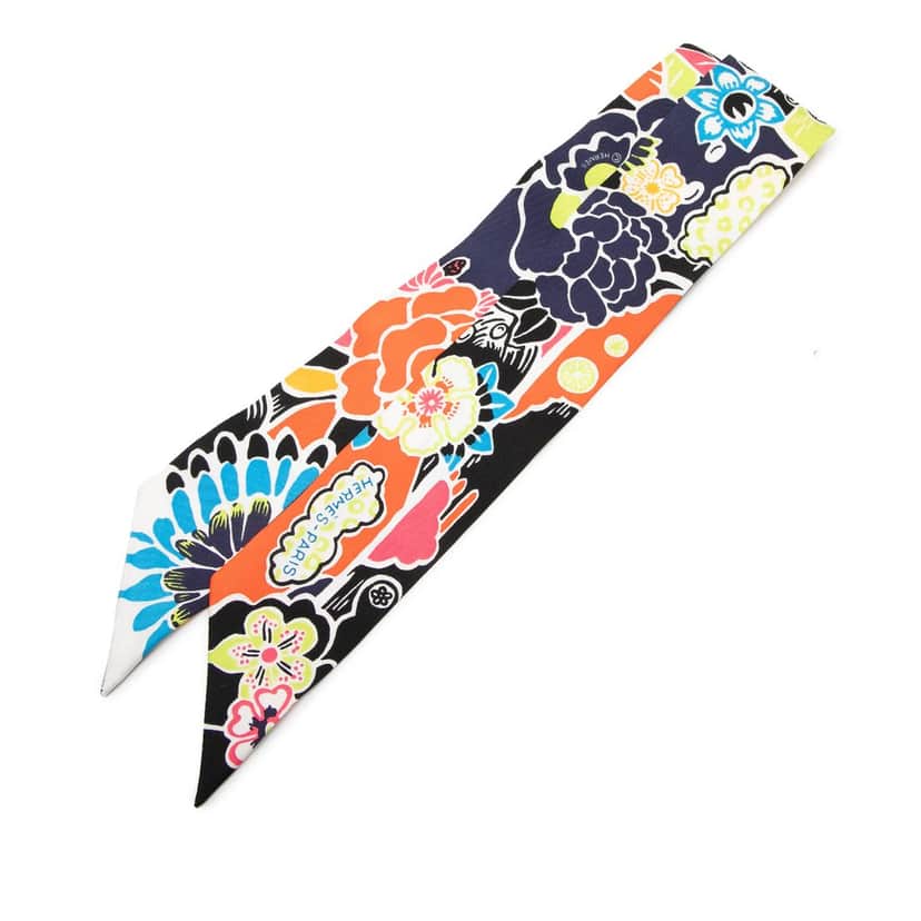 Hermès Bingata Silk Twilly Scarf Black Never worn - Front View