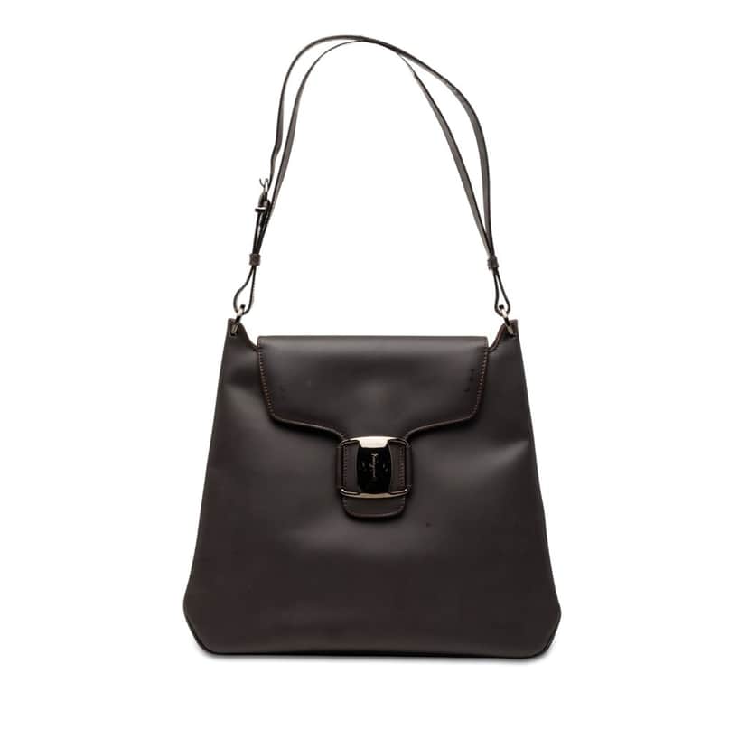 Salvatore Ferragamo Leather Vara Bow Buckle Shoulder Bag Brown Leather Very good condition - Front View