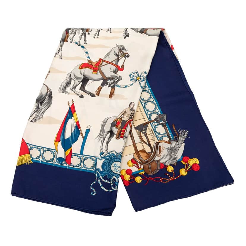 Hermès Real Escuela Andaluza Del Arte Ecuestre Silk Scarf 90 White Very good condition - Front View
