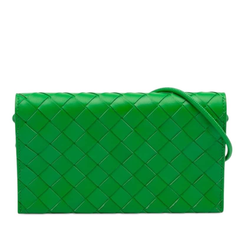 Bottega Veneta Nappa Intrecciato Wallet On Strap Green Leather Never worn - Front View