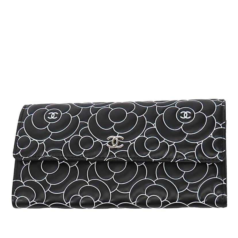 Chanel Camellia Leather Long Wallet Black Leather Very good condition - Front View