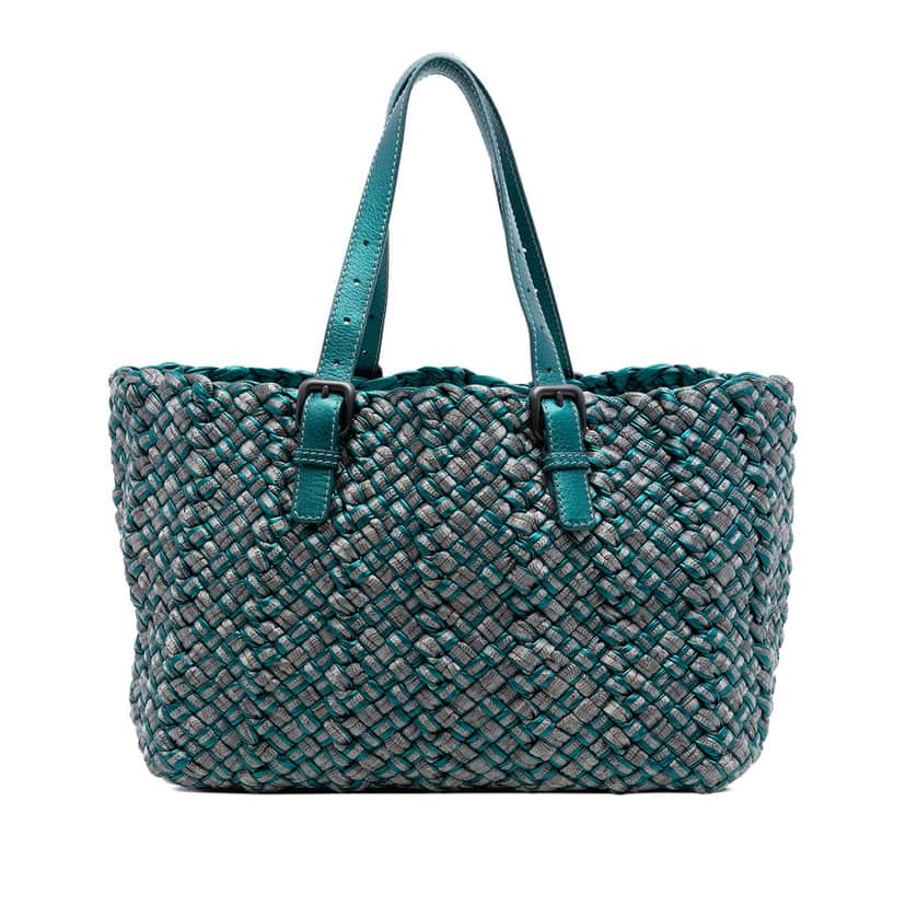 Bottega Veneta Medium Metallic Nappa Intrecciato Cesta Tote Blue Leather Very good condition - Front View