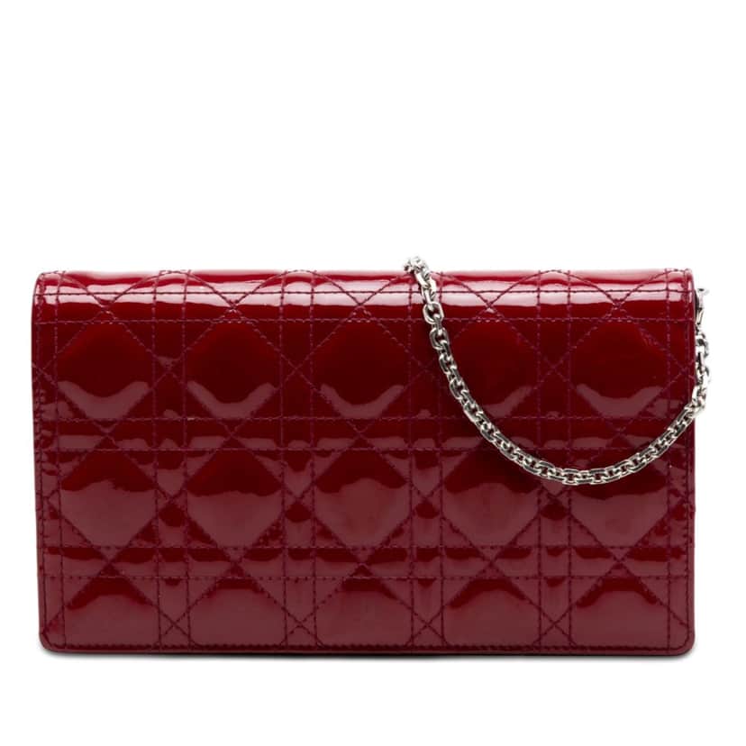 Dior Patent Cannage Lady Dior Pouch with Chain Red Leather Very good condition - Front View