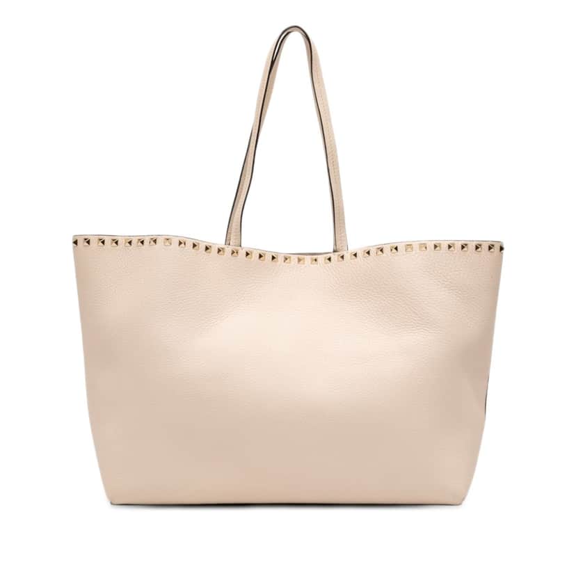 Valentino Pebbled Calfskin Rockstud Shopper Tote White Leather Very good condition - Front View